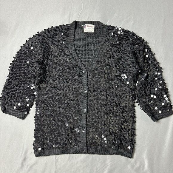Vintage Windsor Sweater Women Medium Black Wool Cardigan Hand Decorated Sequin - Picture 1 of 9